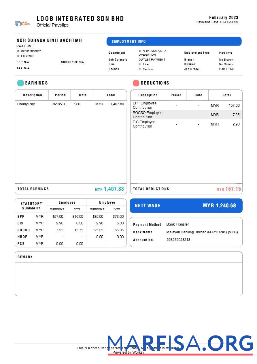 Blank Loob Integrated tea brand payslip example